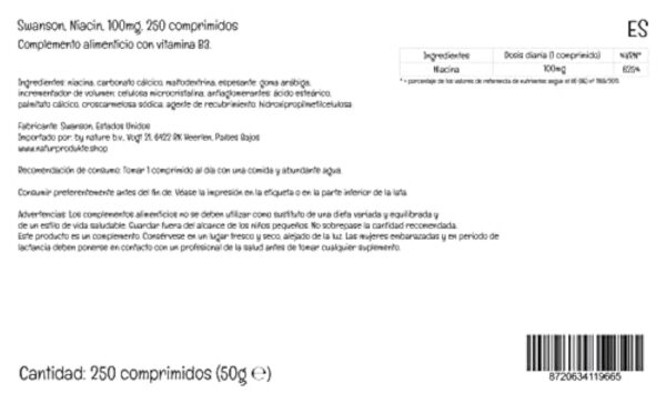 Swanson, Niacine, 100mg, Vitamine B3, 250 Comprimés végétaliens, Hautement Dosés, Testé en Laboratoire, Végétariens, Sans Soja, Sans Gluten, Sans OGM – Image 7