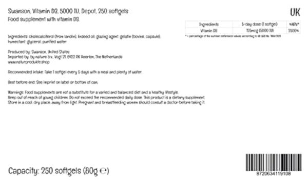Swanson, Vitamine D3 125mcg (5000 UI), Dépôt, 1 Capsule tous les 5 Jours, 250 Capsules molles, Hautement Dosé, Testé en Laboratoire, Sans Soja, Sans Gluten, Sans OGM – Image 4