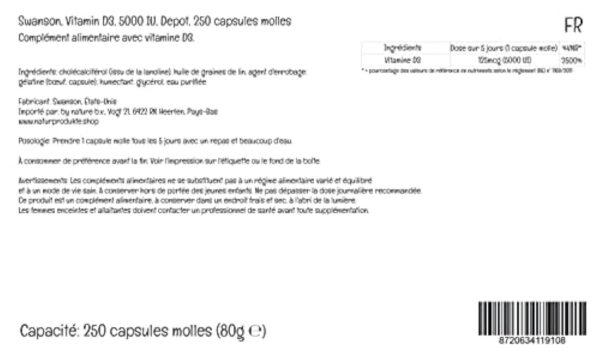 Swanson, Vitamine D3 125mcg (5000 UI), Dépôt, 1 Capsule tous les 5 Jours, 250 Capsules molles, Hautement Dosé, Testé en Laboratoire, Sans Soja, Sans Gluten, Sans OGM – Image 5