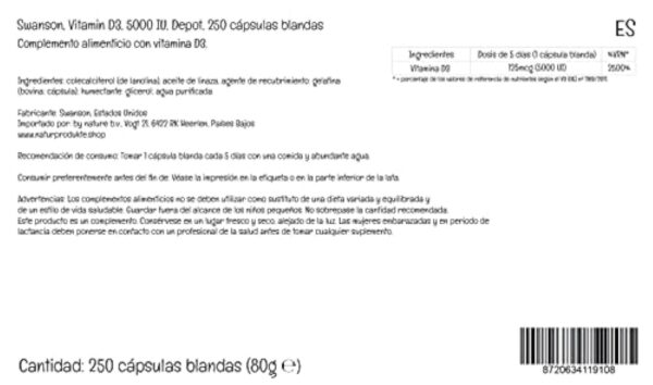 Swanson, Vitamine D3 125mcg (5000 UI), Dépôt, 1 Capsule tous les 5 Jours, 250 Capsules molles, Hautement Dosé, Testé en Laboratoire, Sans Soja, Sans Gluten, Sans OGM – Image 7