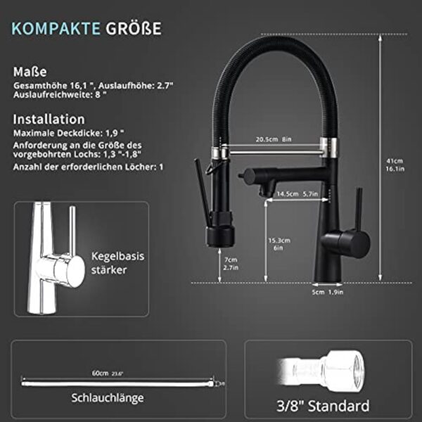 TIMACO Robinet de cuisine noir avec serrure douchette extensible – Pivotant à 360° – Pulvérisateur Pull-down – Haute pression – Noir – Image 3