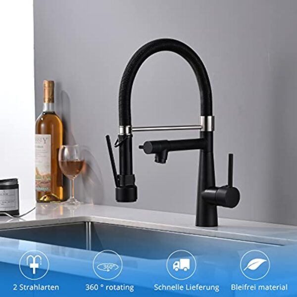 TIMACO Robinet de cuisine noir avec serrure douchette extensible – Pivotant à 360° – Pulvérisateur Pull-down – Haute pression – Noir – Image 6