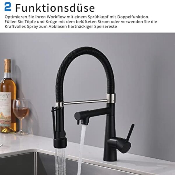 TIMACO Robinet de cuisine noir avec serrure douchette extensible – Pivotant à 360° – Pulvérisateur Pull-down – Haute pression – Noir – Image 10