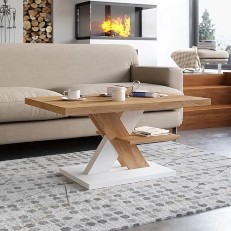 Table basse de salon Chêne Doré et Blanc avec étagère, table centrale blanche moderne et élégante pour thé et le café. Design épuré et un choix parfait - Un ajout élégant à n'importe quel salon