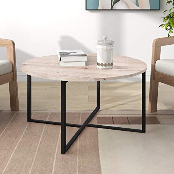 Table basse ronde pour salon avec pieds en métal, noir + chêne blanc. – Image 2