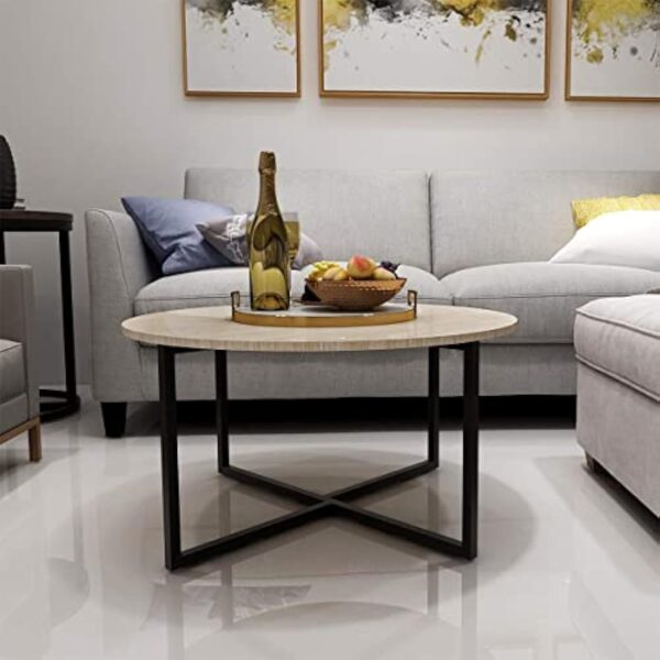 Table basse ronde pour salon avec pieds en métal, noir + chêne blanc. – Image 5
