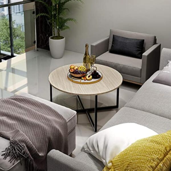 Table basse ronde pour salon avec pieds en métal, noir + chêne blanc. – Image 6