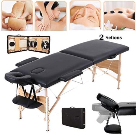 Table de massage noire 2 voies réglable et pliable pour spa, lit de massage léger avec sac de transport en bois de 210 cm