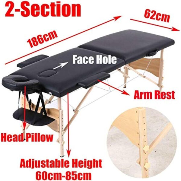 Table de massage noire 2 voies réglable et pliable pour spa, lit de massage léger avec sac de transport en bois de 210 cm – Image 3