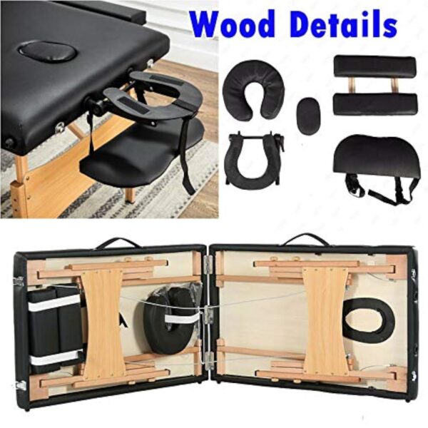 Table de massage noire 2 voies réglable et pliable pour spa, lit de massage léger avec sac de transport en bois de 210 cm – Image 5