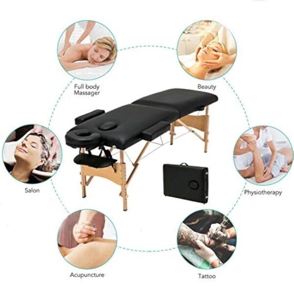 Table de massage noire 2 voies réglable et pliable pour spa, lit de massage léger avec sac de transport en bois de 210 cm – Image 6