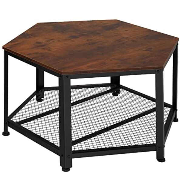TecTake Table Basse de Salon Hexagonale à 2 Niveaux Table d’Appoint avec Etagère en Treillis Style Industriel Aspect Bois – Diverses Couleurs (Marron Foncé)