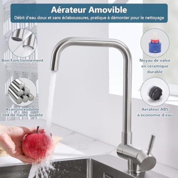 Ulytid Mitigeur Cuisine Rabattable, Robinet Cuisine Pliable Sous Fenêtre, Mitigeur Evier Haut Bec Rotatif à 360°en Acier Inoxydable, Robinet Monocommande Chaude et Froide Réglable, Finition Brossé – Image 4