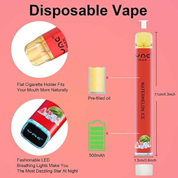 VAPORVERSE Paquet de 4 Cigarette électronique Jetable 600 Bouffées Sans Nicotine Vapoteuse Electronique Fruité Puff Vape Kit de démarrage (Pêche + Myrtille + Fraise + Pastèque) – Image 4
