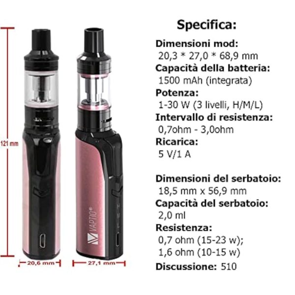 VAPTIO Cosmo Kit 30W E-cigs Cigarette électronique 1500mAh Batterie Vape avec 2.0ml Tank, Sans E Liquide Sans Nicotine (Or Rose) – Image 7