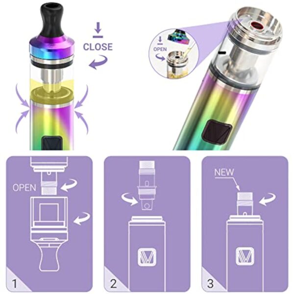 VAPTIO Tyro Nano Kit Tout-en-un E-cigarette 900mAh 30W Cigarette électronique,Vape Pen avec Bobine de 1,6 ohm,sans liquide sans nicotine (Gris) – Image 4