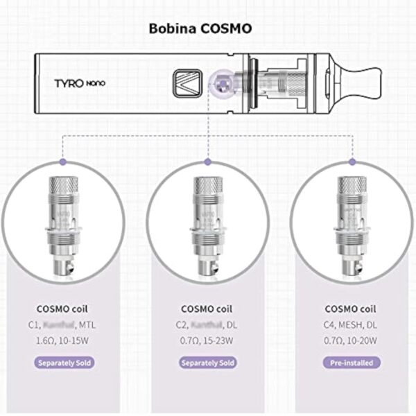 VAPTIO Tyro Nano Kit Tout-en-un E-cigarette 900mAh 30W Cigarette électronique,Vape Pen avec Bobine de 1,6 ohm,sans liquide sans nicotine (Gris) – Image 6