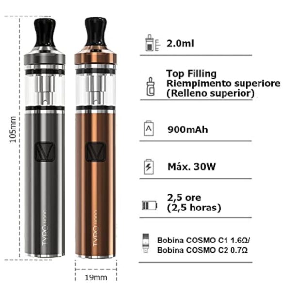 VAPTIO Tyro Nano Kit Tout-en-un E-cigarette 900mAh 30W Cigarette électronique,Vape Pen avec Bobine de 1,6 ohm,sans liquide sans nicotine (Gris) – Image 7