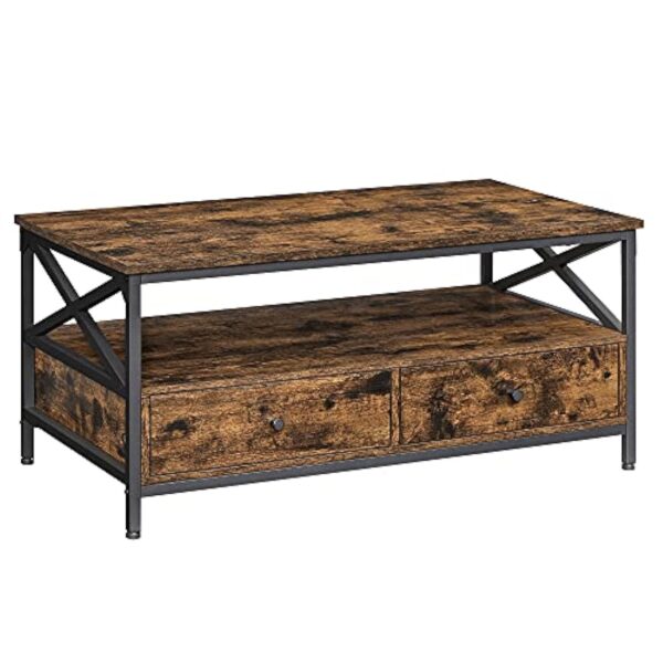 VASAGLE Table Basse, Table de Salon, Buffet Bas, avec 2 Tiroirs et Un Compartiment Ouvert, Cadre en Acier en Forme de X, 100 x 55 x 45 cm, Style Industriel, Marron Rustique et Noir LCT201B01