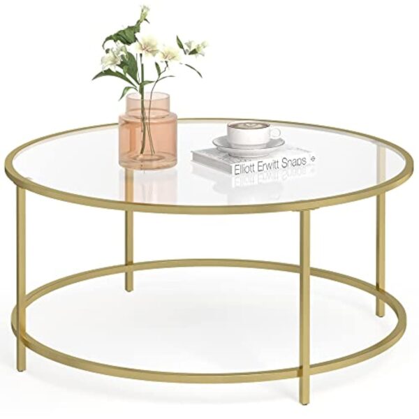 VASAGLE Table Basse Salon, Meuble de Salon en Verre, Cadre en AER, Table Basse Ronde, Doré LGT21G