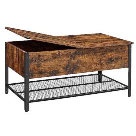 VASAGLE Table Basse, Table de Salon, avec Dessus Rabattable, Compartiment Fermé et Étagère Grillagée, Cadre en Métal, Style Industriel, 100 x 55 x 47 cm, Marron Rustique et Noir LCT230B01