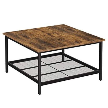 VASAGLE Table Basse, Table de Salon, Grand Dessus de Table carré, Cadre en Acier Robuste, avec étagère en Maille, Style Industriel, pour Salon, Marron Rustique et Noir LCT065B01