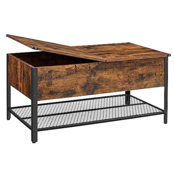 VASAGLE Table Basse, Table de Salon, avec Dessus Rabattable, Compartiment Fermé et Étagère Grillagée, Cadre en Métal, Style Industriel, 100 x 55 x 47 cm, Marron Rustique et Noir LCT230B01 – Image 2