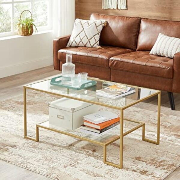 VASAGLE Table Basse, Table de Salon, 2 Niveaux en Verre trempé, Cadre en Acier, 100 x 55 x 45 cm, rectangulaire, décoration de Salon, Doré LGT033A01 – Image 3
