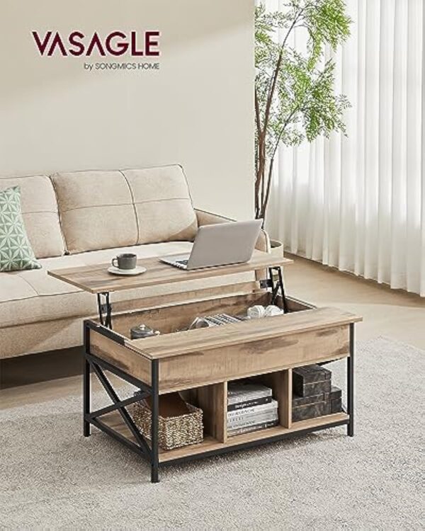 VASAGLE Table Basse, Table de Salon avec Plateau Relevable, avec Rangement Ouvert et Compartiment Caché, Barres en Forme de X, 60 x 100 x (48-62) cm, Marron Chêne et Noir LCT205K50 – Image 3