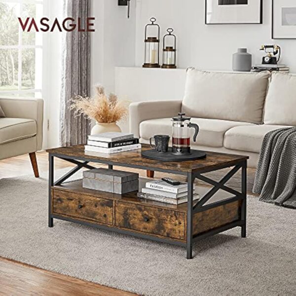 VASAGLE Table Basse, Table de Salon, Buffet Bas, avec 2 Tiroirs et Un Compartiment Ouvert, Cadre en Acier en Forme de X, 100 x 55 x 45 cm, Style Industriel, Marron Rustique et Noir LCT201B01 – Image 3