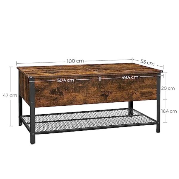 VASAGLE Table Basse, Table de Salon, avec Dessus Rabattable, Compartiment Fermé et Étagère Grillagée, Cadre en Métal, Style Industriel, 100 x 55 x 47 cm, Marron Rustique et Noir LCT230B01 – Image 4