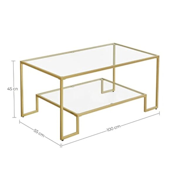 VASAGLE Table Basse, Table de Salon, 2 Niveaux en Verre trempé, Cadre en Acier, 100 x 55 x 45 cm, rectangulaire, décoration de Salon, Doré LGT033A01 – Image 4