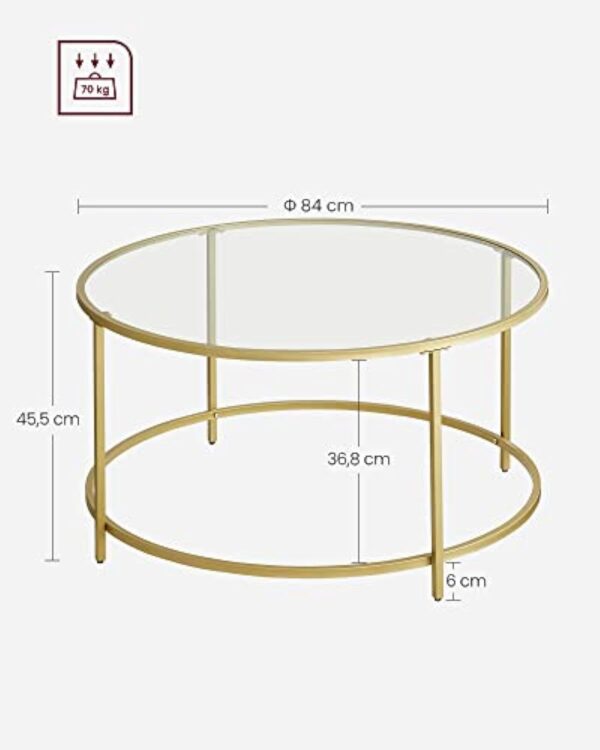 VASAGLE Table Basse Salon, Meuble de Salon en Verre, Cadre en AER, Table Basse Ronde, Doré LGT21G – Image 4