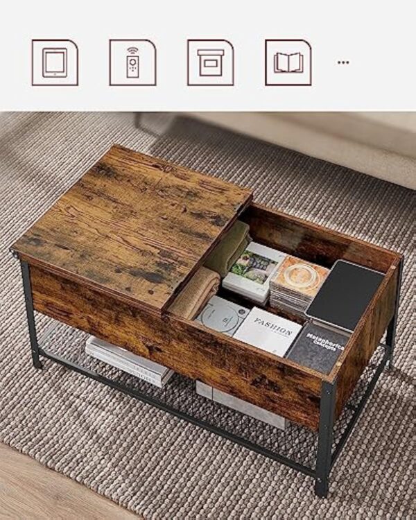 VASAGLE Table Basse, Table de Salon, avec Dessus Rabattable, Compartiment Fermé et Étagère Grillagée, Cadre en Métal, Style Industriel, 100 x 55 x 47 cm, Marron Rustique et Noir LCT230B01 – Image 5