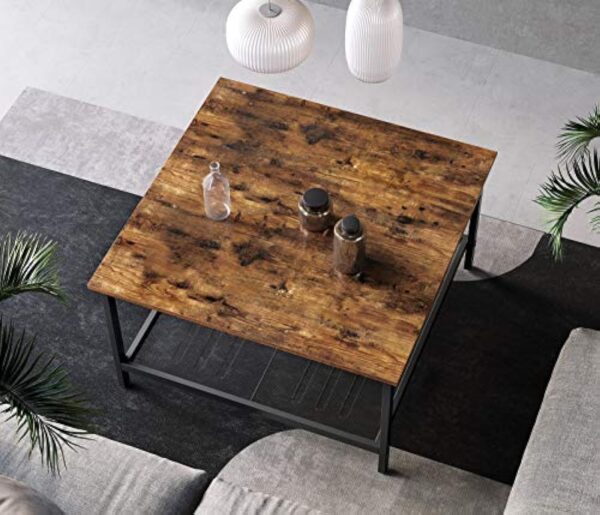 VASAGLE Table Basse, Table de Salon, Grand Dessus de Table carré, Cadre en Acier Robuste, avec étagère en Maille, Style Industriel, pour Salon, Marron Rustique et Noir LCT065B01 – Image 5