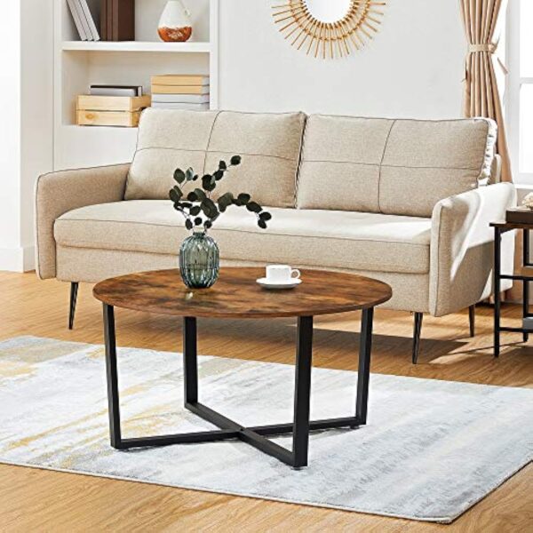 VASAGLE Table Basse Ronde, Table de Salon, Style Industriel, Cadre en Acier, Montage Facile, pour Salon, Chambre, Marron Rustique et Noir LCT88X – Image 5