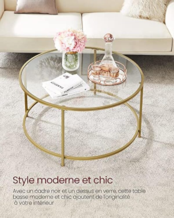 VASAGLE Table Basse Salon, Meuble de Salon en Verre, Cadre en AER, Table Basse Ronde, Doré LGT21G – Image 5