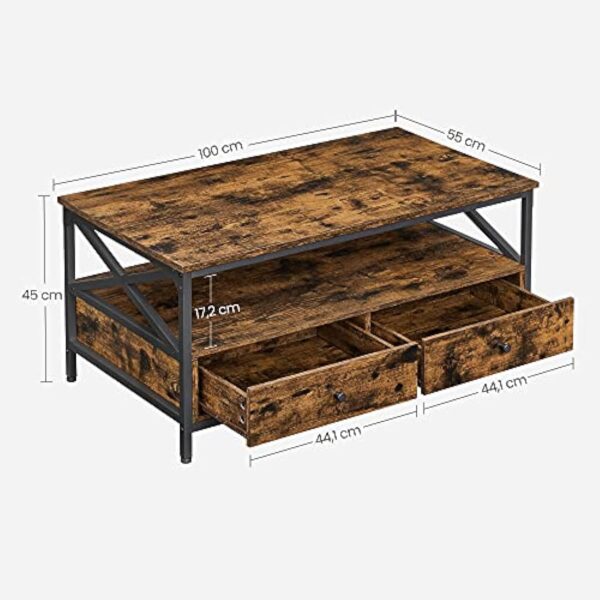 VASAGLE Table Basse, Table de Salon, Buffet Bas, avec 2 Tiroirs et Un Compartiment Ouvert, Cadre en Acier en Forme de X, 100 x 55 x 45 cm, Style Industriel, Marron Rustique et Noir LCT201B01 – Image 5