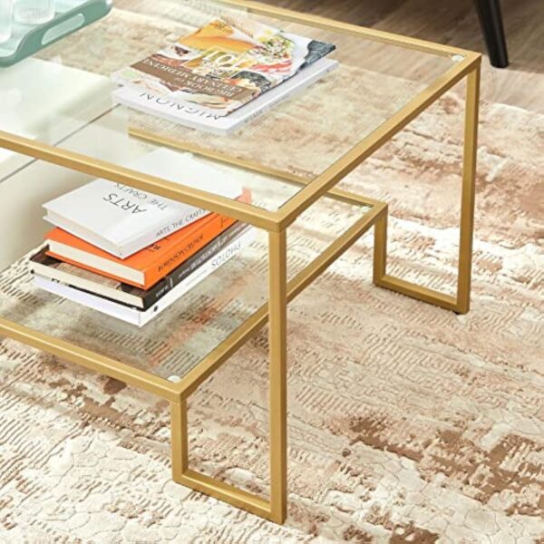 VASAGLE Table Basse, Table de Salon, 2 Niveaux en Verre trempé, Cadre en Acier, 100 x 55 x 45 cm, rectangulaire, décoration de Salon, Doré LGT033A01 – Image 6