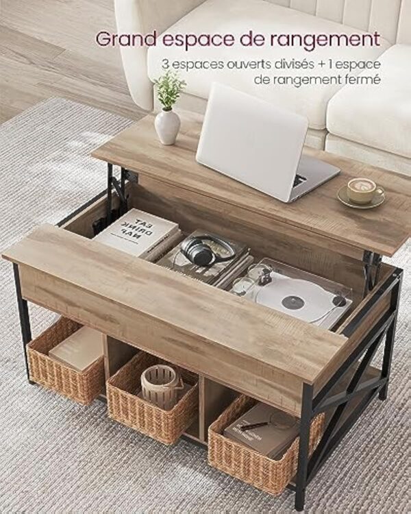 VASAGLE Table Basse, Table de Salon avec Plateau Relevable, avec Rangement Ouvert et Compartiment Caché, Barres en Forme de X, 60 x 100 x (48-62) cm, Marron Chêne et Noir LCT205K50 – Image 6
