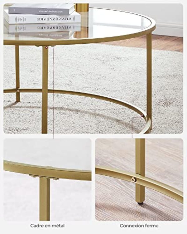 VASAGLE Table Basse Salon, Meuble de Salon en Verre, Cadre en AER, Table Basse Ronde, Doré LGT21G – Image 6