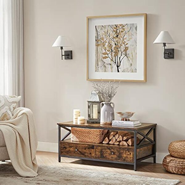 VASAGLE Table Basse, Table de Salon, Buffet Bas, avec 2 Tiroirs et Un Compartiment Ouvert, Cadre en Acier en Forme de X, 100 x 55 x 45 cm, Style Industriel, Marron Rustique et Noir LCT201B01 – Image 6