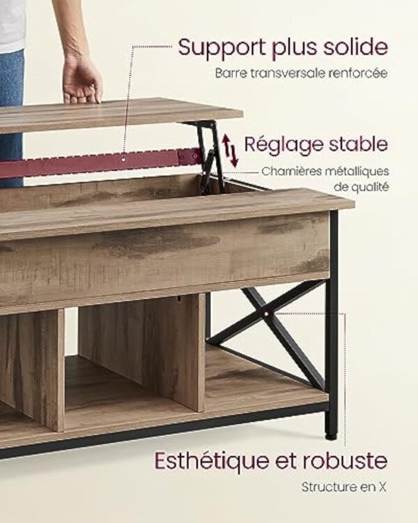 VASAGLE Table Basse, Table de Salon avec Plateau Relevable, avec Rangement Ouvert et Compartiment Caché, Barres en Forme de X, 60 x 100 x (48-62) cm, Marron Chêne et Noir LCT205K50 – Image 7