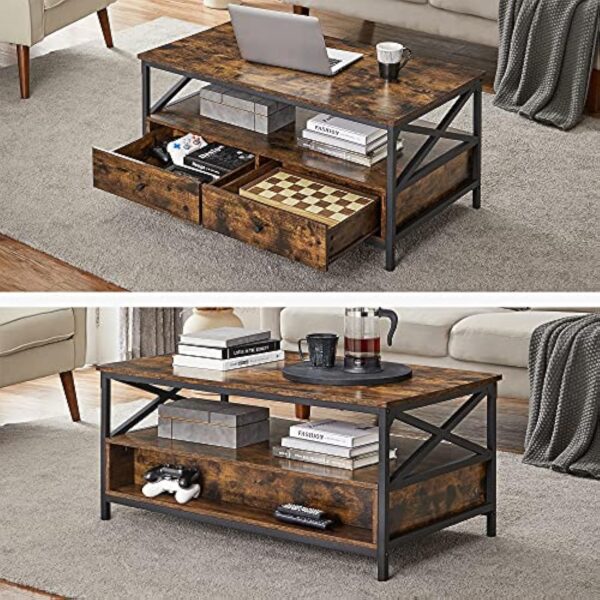 VASAGLE Table Basse, Table de Salon, Buffet Bas, avec 2 Tiroirs et Un Compartiment Ouvert, Cadre en Acier en Forme de X, 100 x 55 x 45 cm, Style Industriel, Marron Rustique et Noir LCT201B01 – Image 7