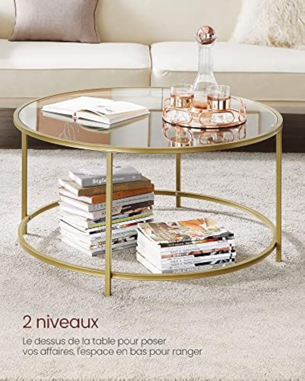 VASAGLE Table Basse Salon, Meuble de Salon en Verre, Cadre en AER, Table Basse Ronde, Doré LGT21G – Image 8