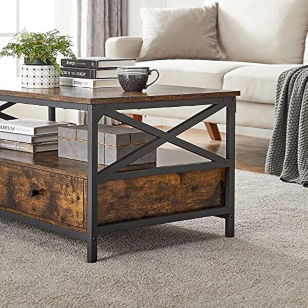 VASAGLE Table Basse, Table de Salon, Buffet Bas, avec 2 Tiroirs et Un Compartiment Ouvert, Cadre en Acier en Forme de X, 100 x 55 x 45 cm, Style Industriel, Marron Rustique et Noir LCT201B01 – Image 8