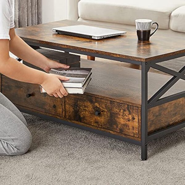 VASAGLE Table Basse, Table de Salon, Buffet Bas, avec 2 Tiroirs et Un Compartiment Ouvert, Cadre en Acier en Forme de X, 100 x 55 x 45 cm, Style Industriel, Marron Rustique et Noir LCT201B01 – Image 9