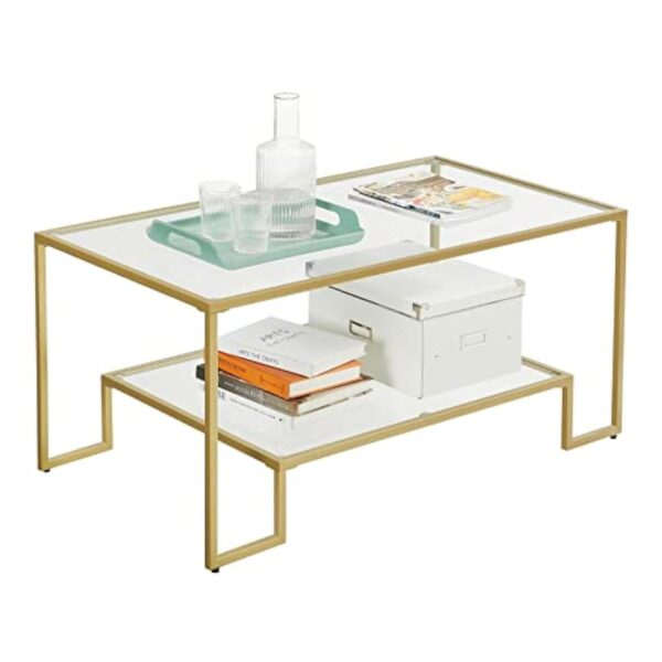 VASAGLE Table Basse, Table de Salon, 2 Niveaux en Verre trempé, Cadre en Acier, 100 x 55 x 45 cm, rectangulaire, décoration de Salon, Doré LGT033A01 – Image 10