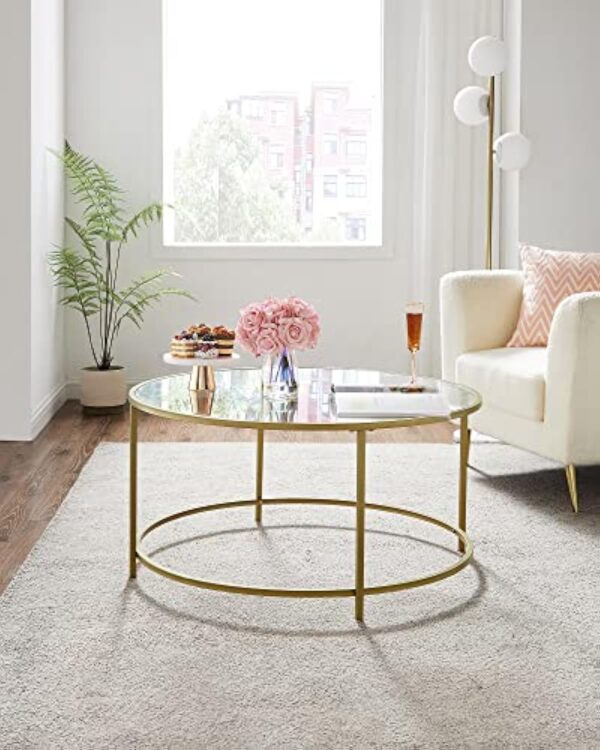 VASAGLE Table Basse Salon, Meuble de Salon en Verre, Cadre en AER, Table Basse Ronde, Doré LGT21G – Image 10