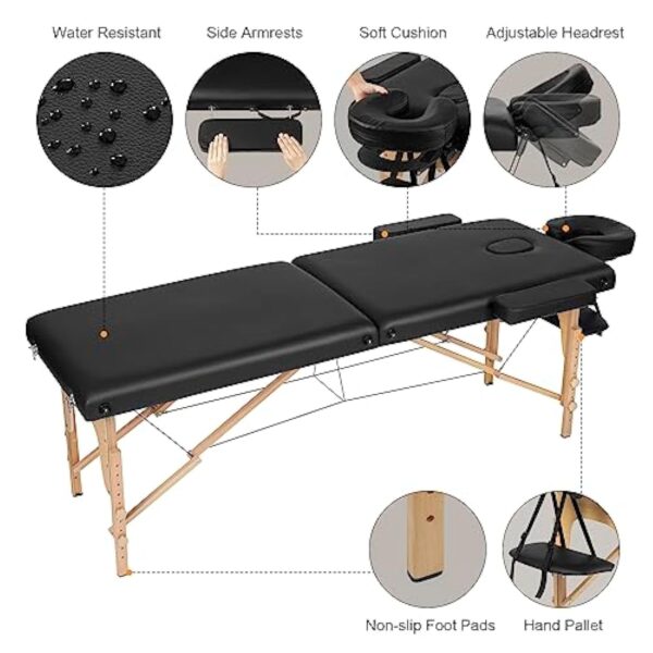 VORSCH Table de Massage Pliante Professionnelle, Lit de Massage Portable à 2 Zones 213 x 82 cm, Table Esthétique, Réglable en Hauteur, avec Accoudoirs, Appuie-tête, Sac de Transport, Noir – Image 6